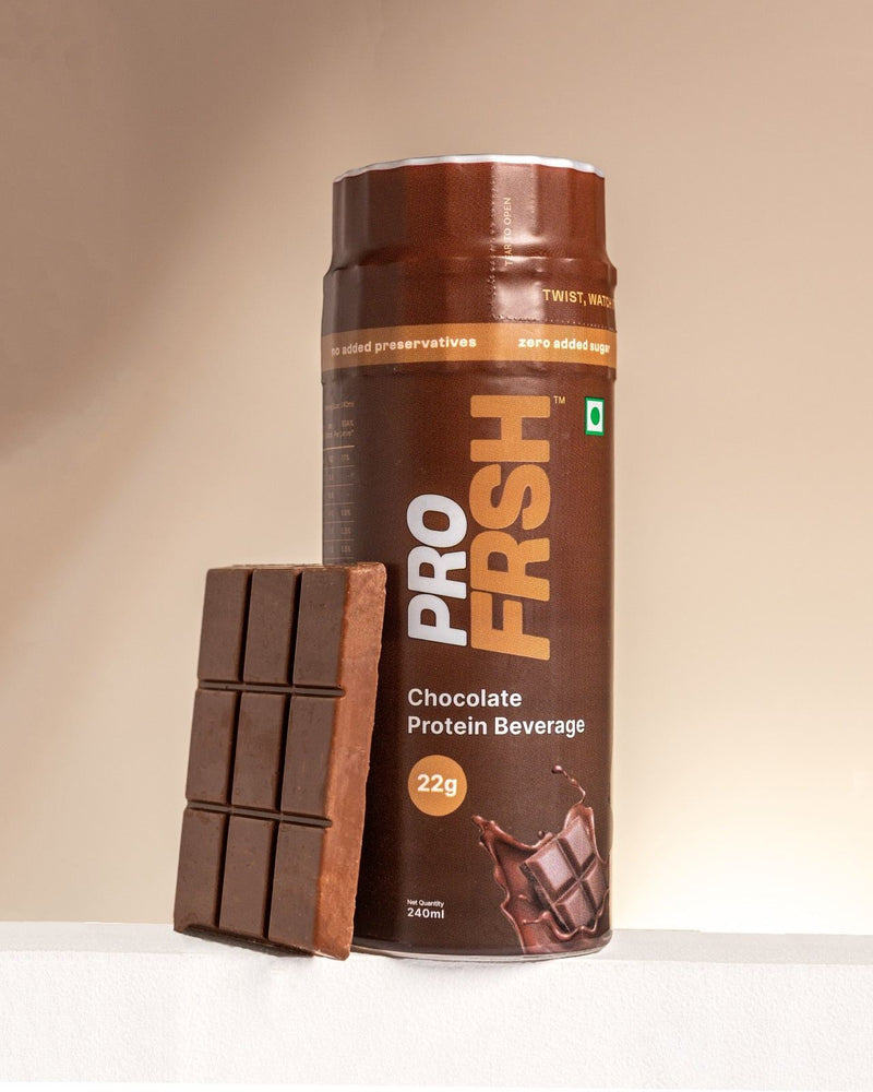 Sealed Pro Frsh chocolate bottle standing ready to shake