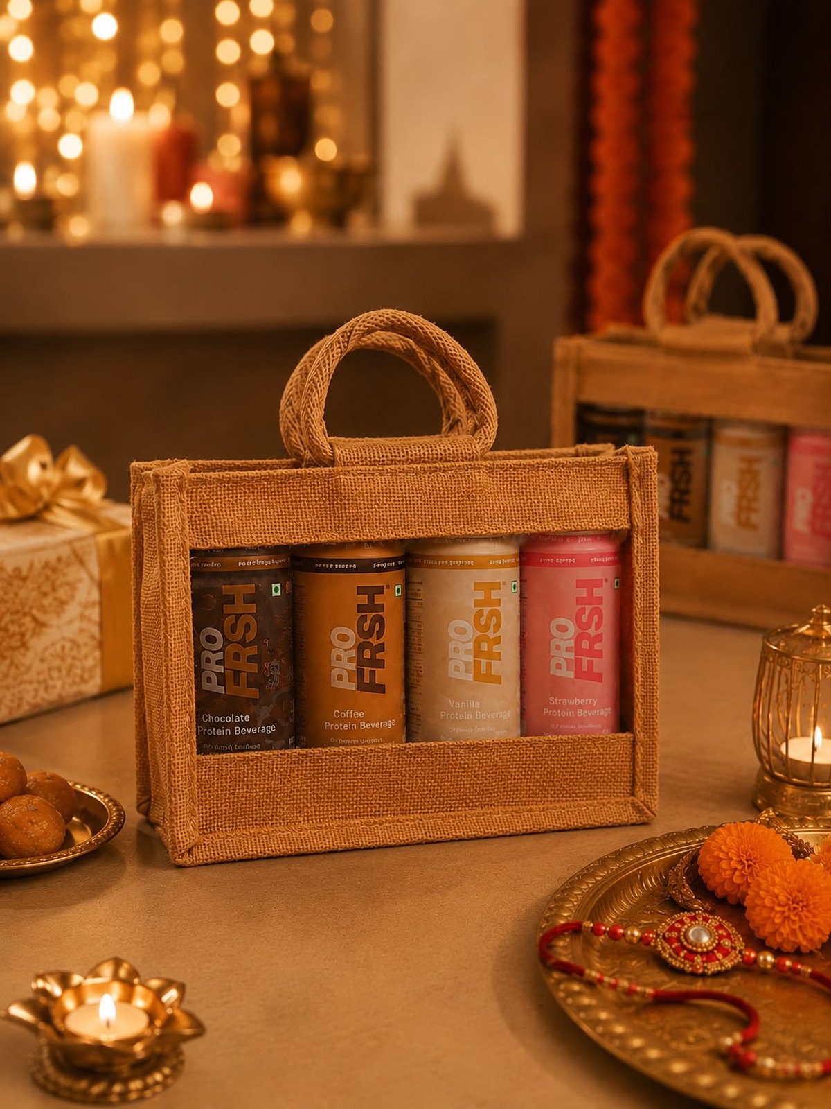 Pro Frsh Rakhi gift hamper, jute bag with four protein milkshake bottles beside a rakhi thali
