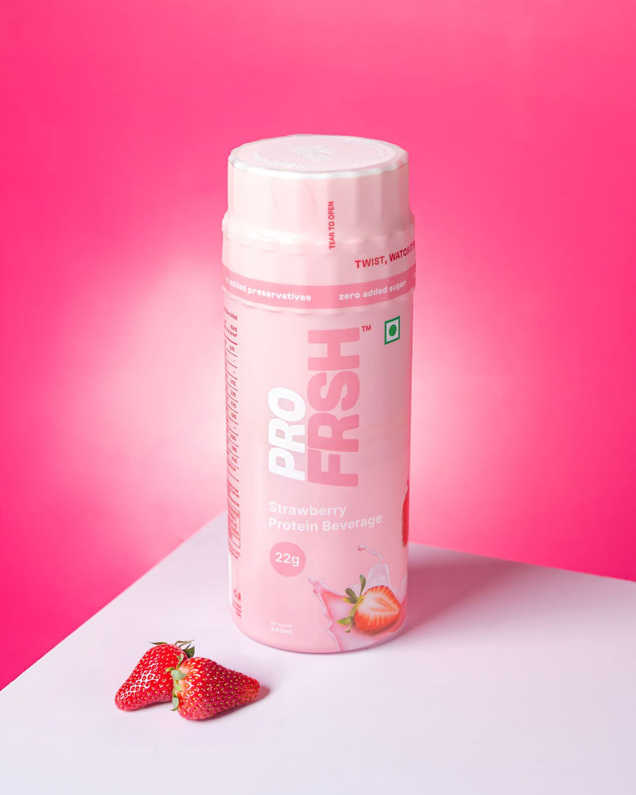 PROFRSH Strawberry protein milkshake bottle with fresh strawberries